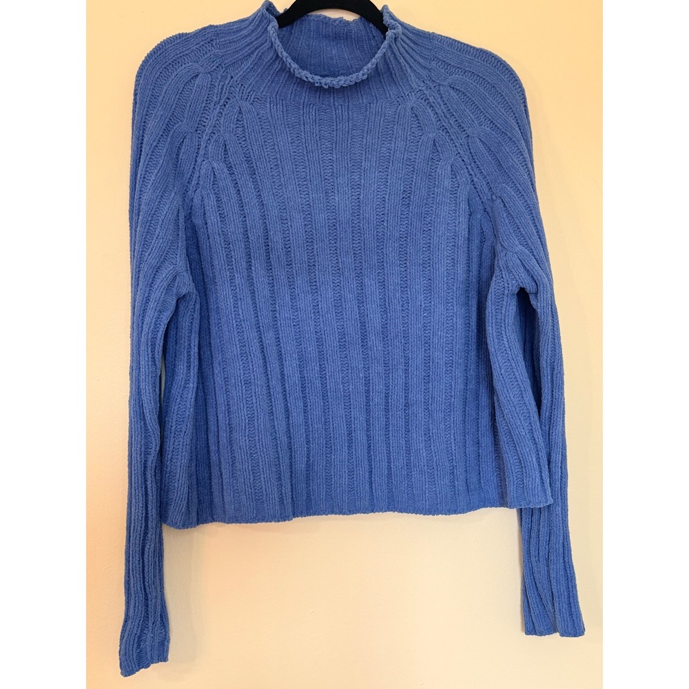 American Eagle Women Blue Ribbed Mock Neck Pullover Sweater Large L